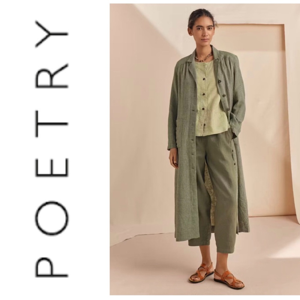 NWOT Poetry 100% linen cropped wide leg pants in Forest green